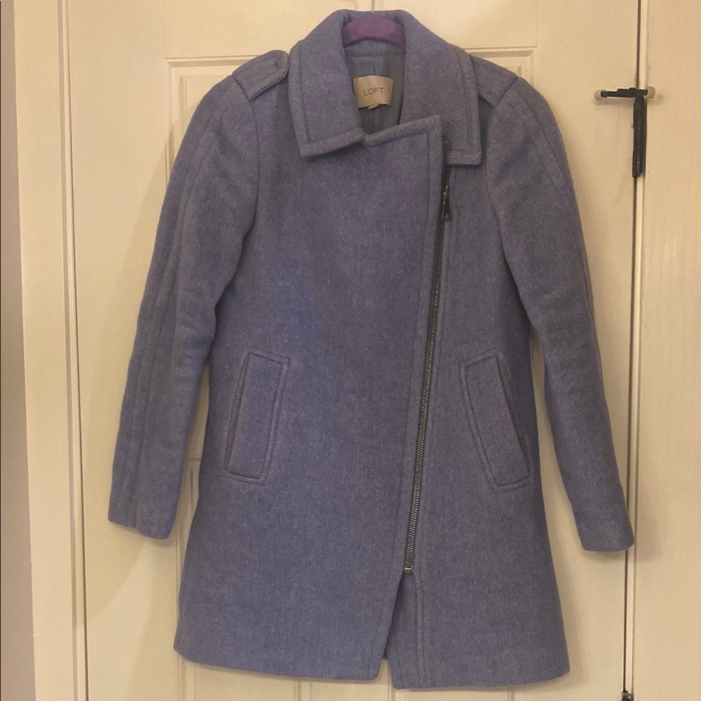 LOFT Women's Blue Wool Coat with Unique Zipper Detail